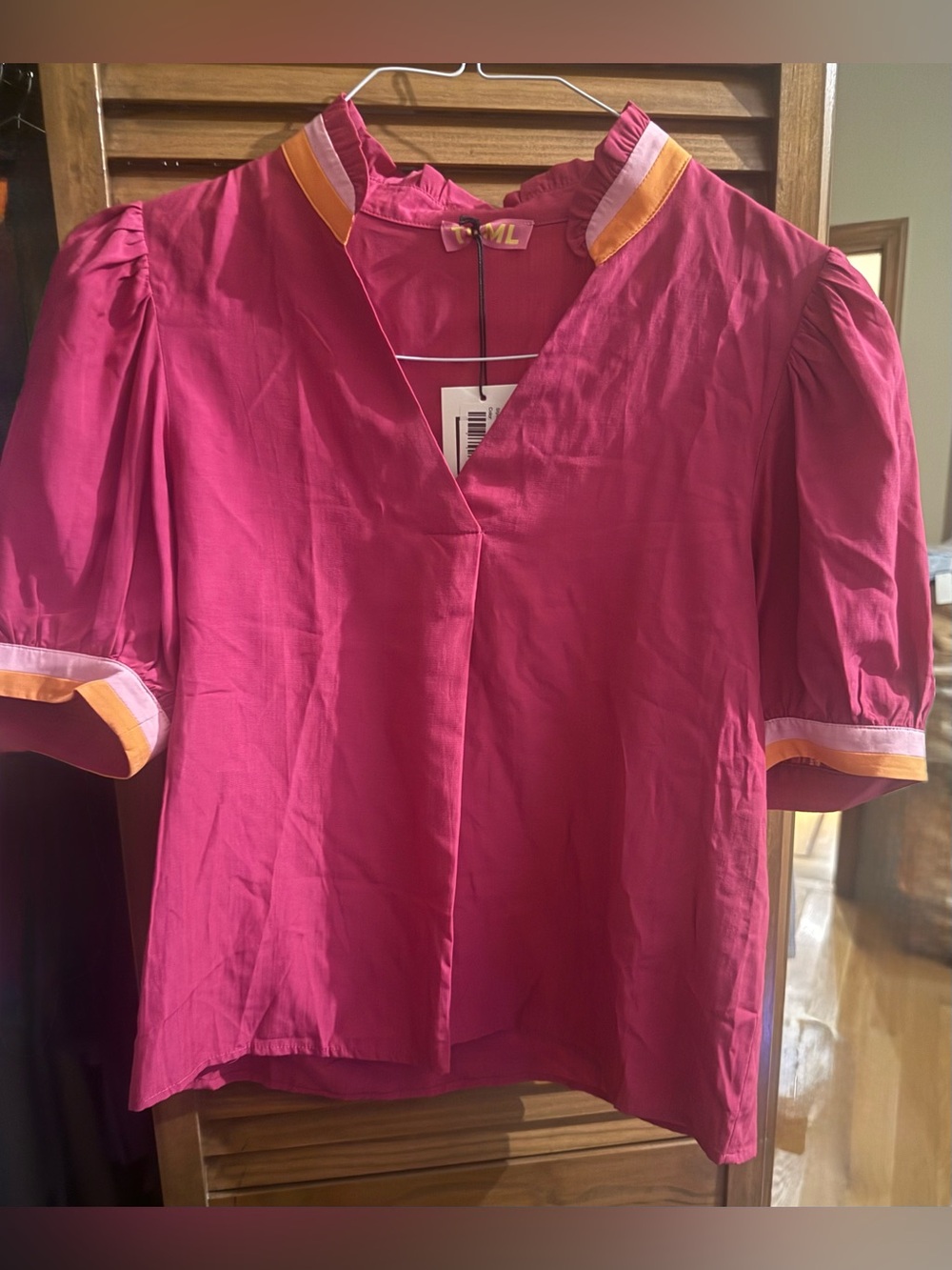 THML Hot Pink V-Neck Puff Sleeve Blouse with Yellow & Cream Trim 16.5 p2p